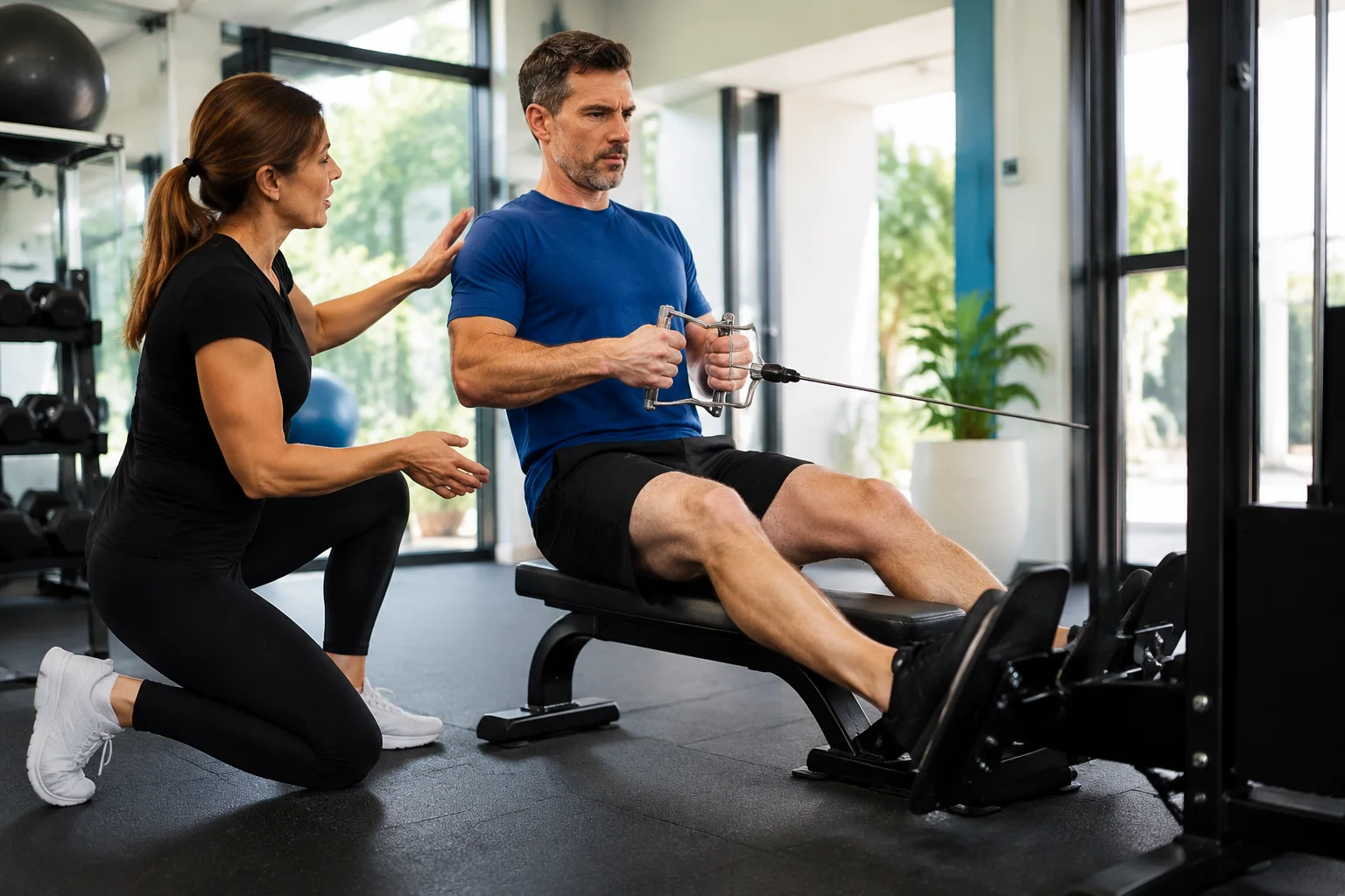 A personal trainer coaching a client through a strength exercise in a professional studio
